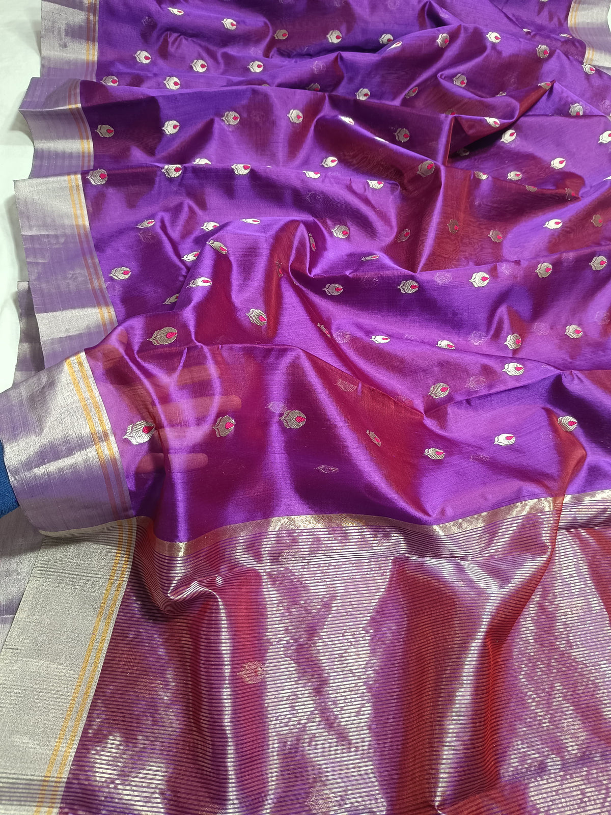 Royal Purple handloom Pattu Silk Chanderi saree draped to show the amethyst-purple tone and silk lustre