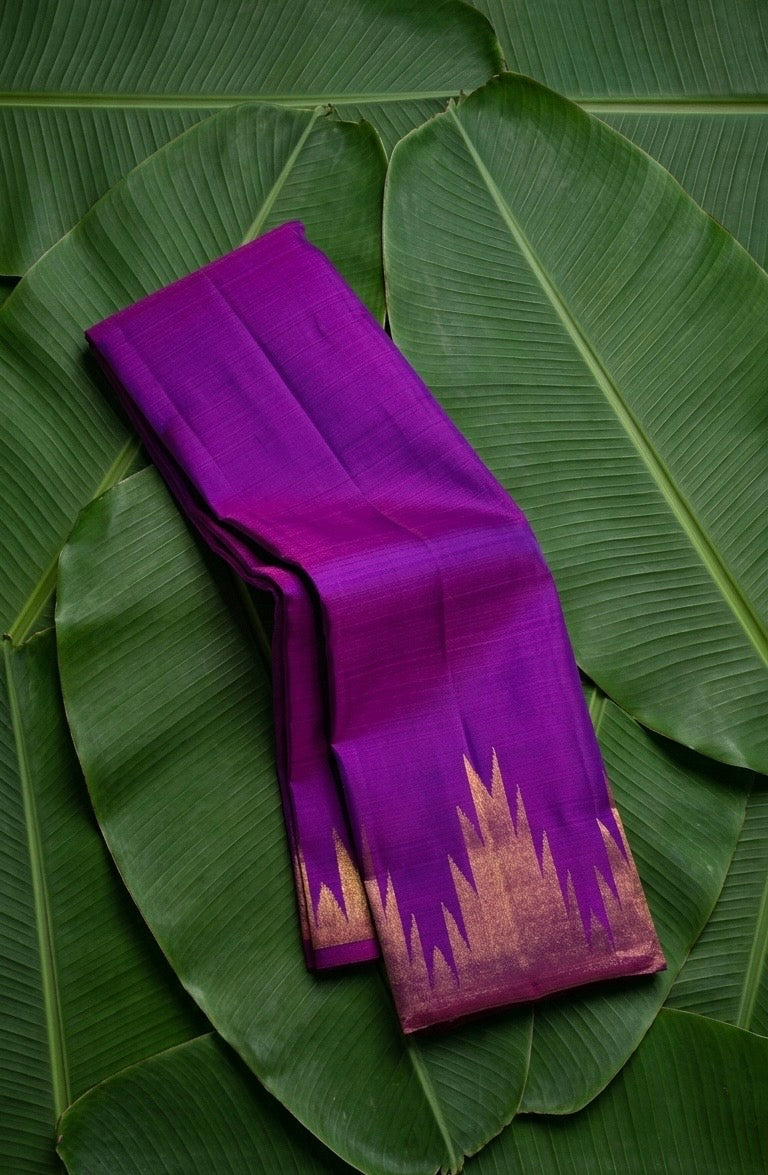 Amethyst purple handwoven Kanchipuram pure silk saree with ettukol antique copper zari border — Idam Living
