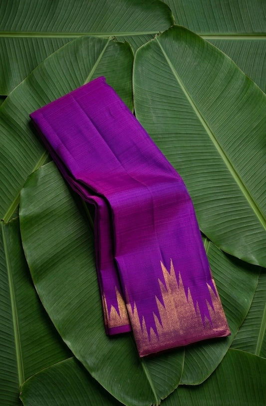 Amethyst purple handwoven Kanchipuram pure silk saree with ettukol antique copper zari border — Idam Living
