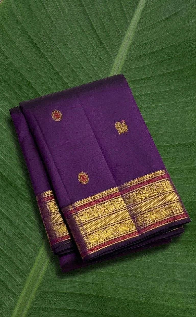 Amethyst purple handwoven pure silk Kanchipuram saree with meenakari butta and korvai tanpura pallu – front view