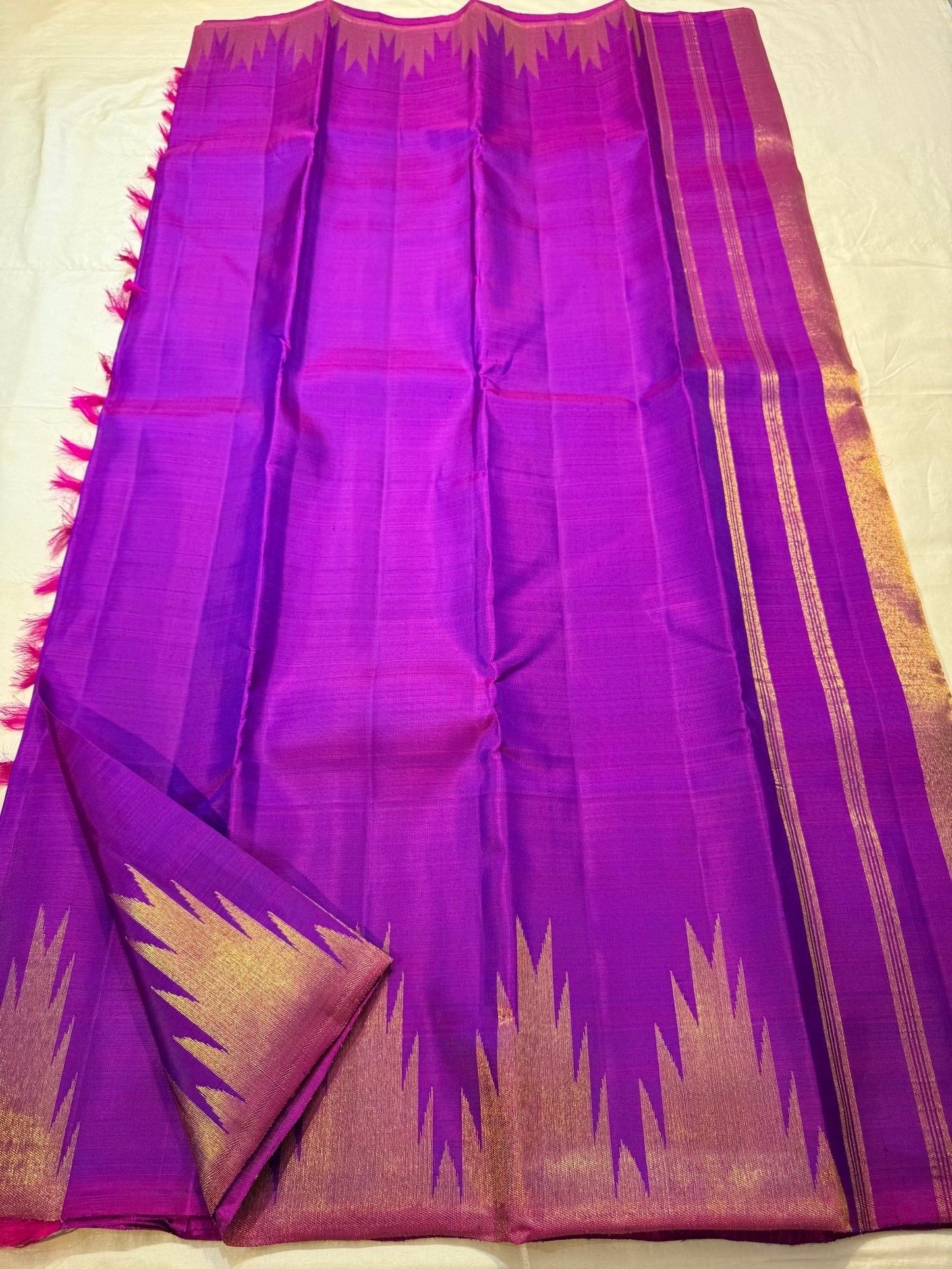 Ettukol flame motifs in antique copper zari on amethyst purple Kanjipuram silk saree — Idam Living