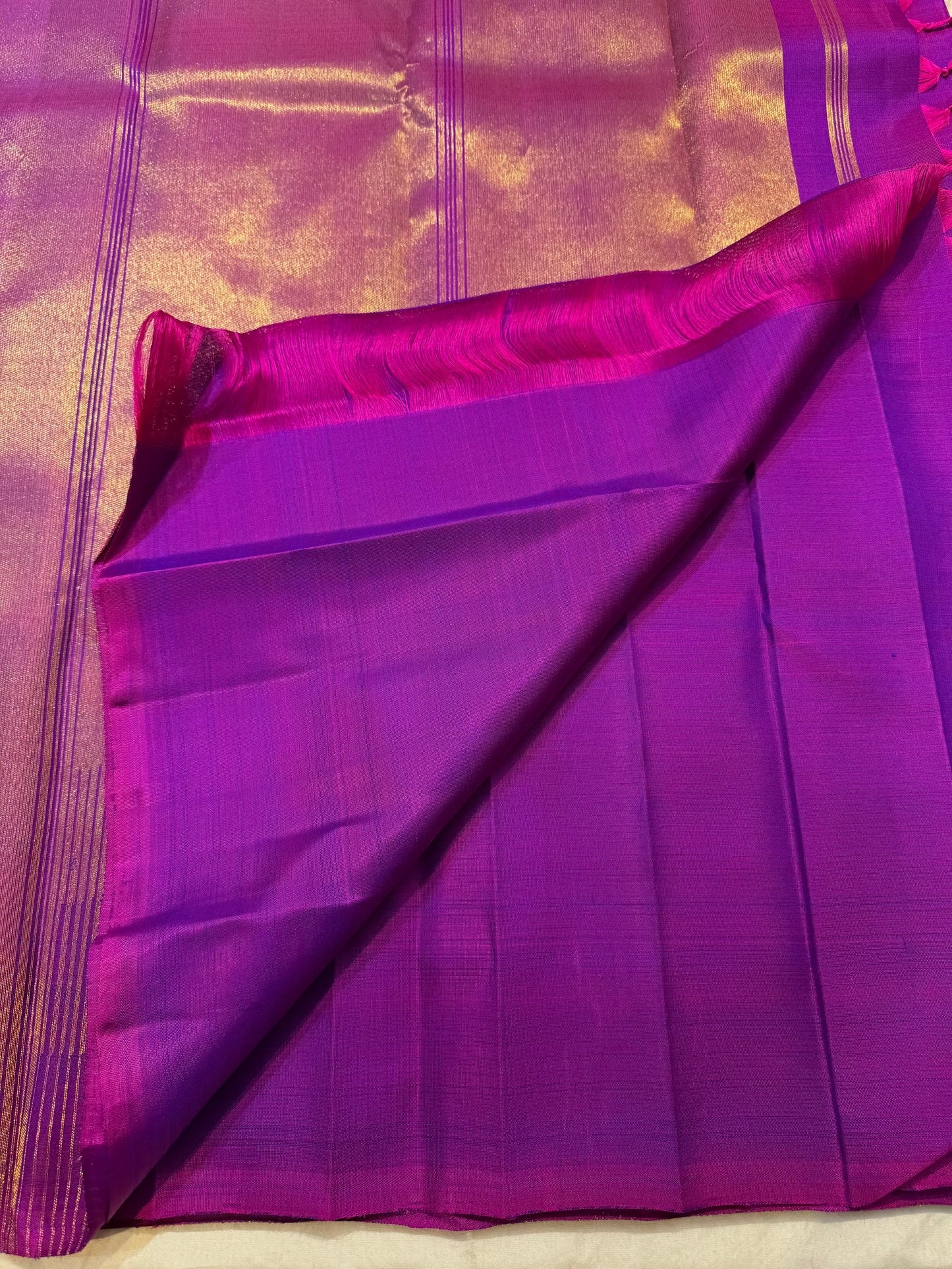 Ettukol antique copper zari pallu on amethyst purple Kanjipuram pure silk saree — Idam Living