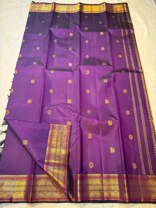 Amethyst purple pure silk Kanchipuram saree with radiant orange red korvai pallu – full drape view