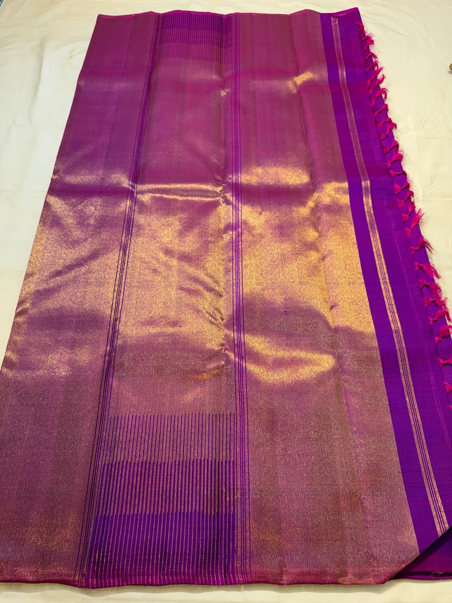 Self amethyst purple border with ettukol antique copper zari on handwoven Kanchipuram saree — Idam Living