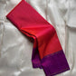 draped coral red pink checked silk body with purple zari border pure kanchipuram silk saree