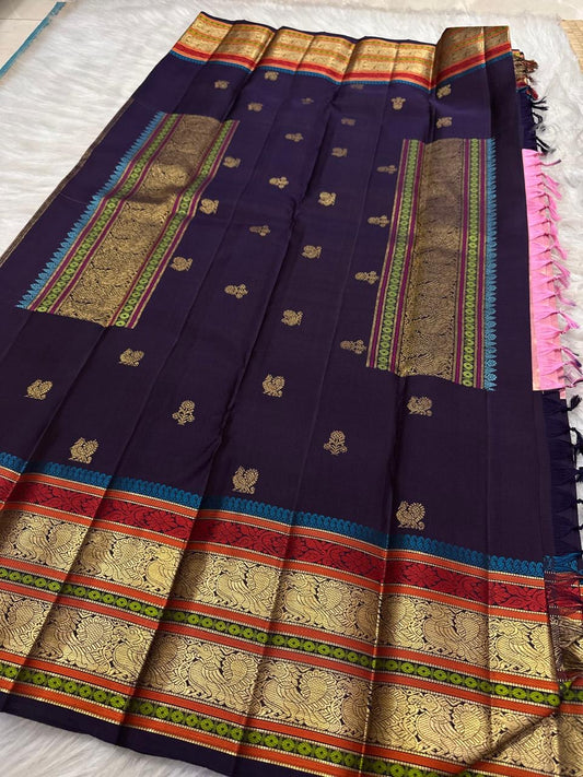 Layered gold zari and multicolour silk thread border on Kanjivaram saree