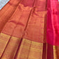 Raspberry Coral Handwoven Pure Silk Kancheepuram Saree with Zari Kattam Checks and Antique Gold Border