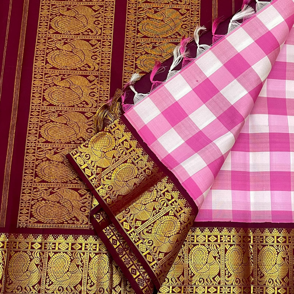 Handwoven Paalum Pazhamum saree with antique gold zari