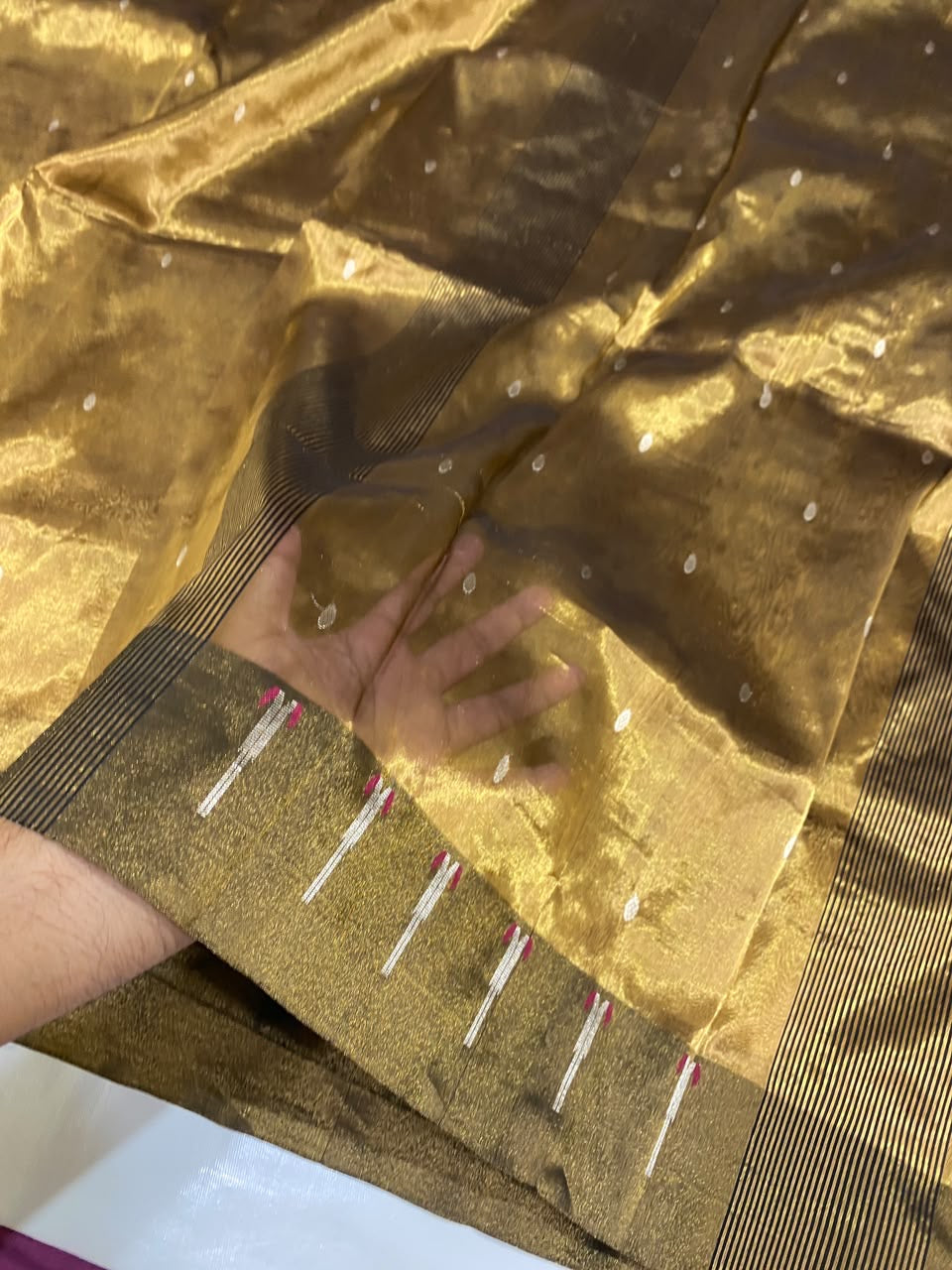 Antique Gold Tissue Silk Chanderi saree, handloom saree available online in the USA