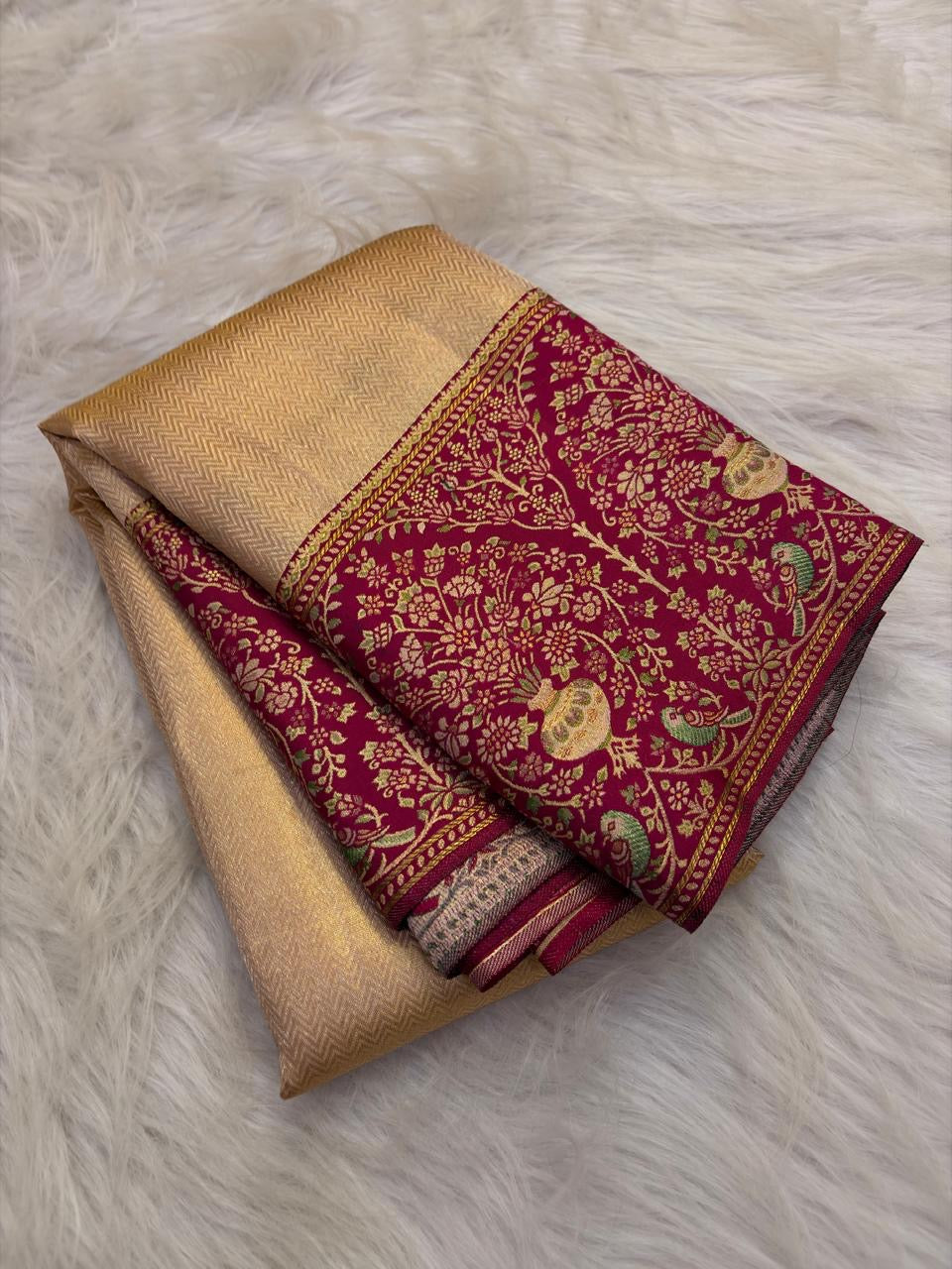 Antique gold kanchipuram saree arakku meenakari brocade – Idam Living Pure Silk Kanchipuram saree