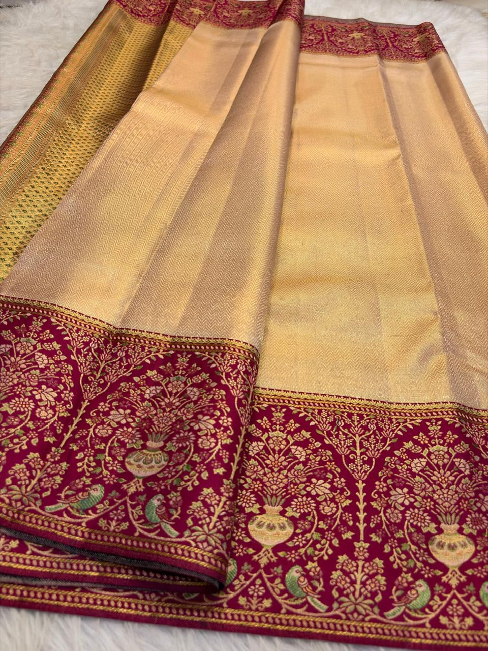 Antique gold kanchipuram silk micro chevron zari – Idam Living Pure Silk Kanchipuram saree