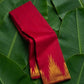 Crimson red handwoven Kanchipuram pure silk saree with ettukol gold zari border on banana leaf — Idam Living