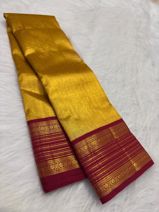 Antique gold Korvai Kanjipuram silk saree, full bridal drape