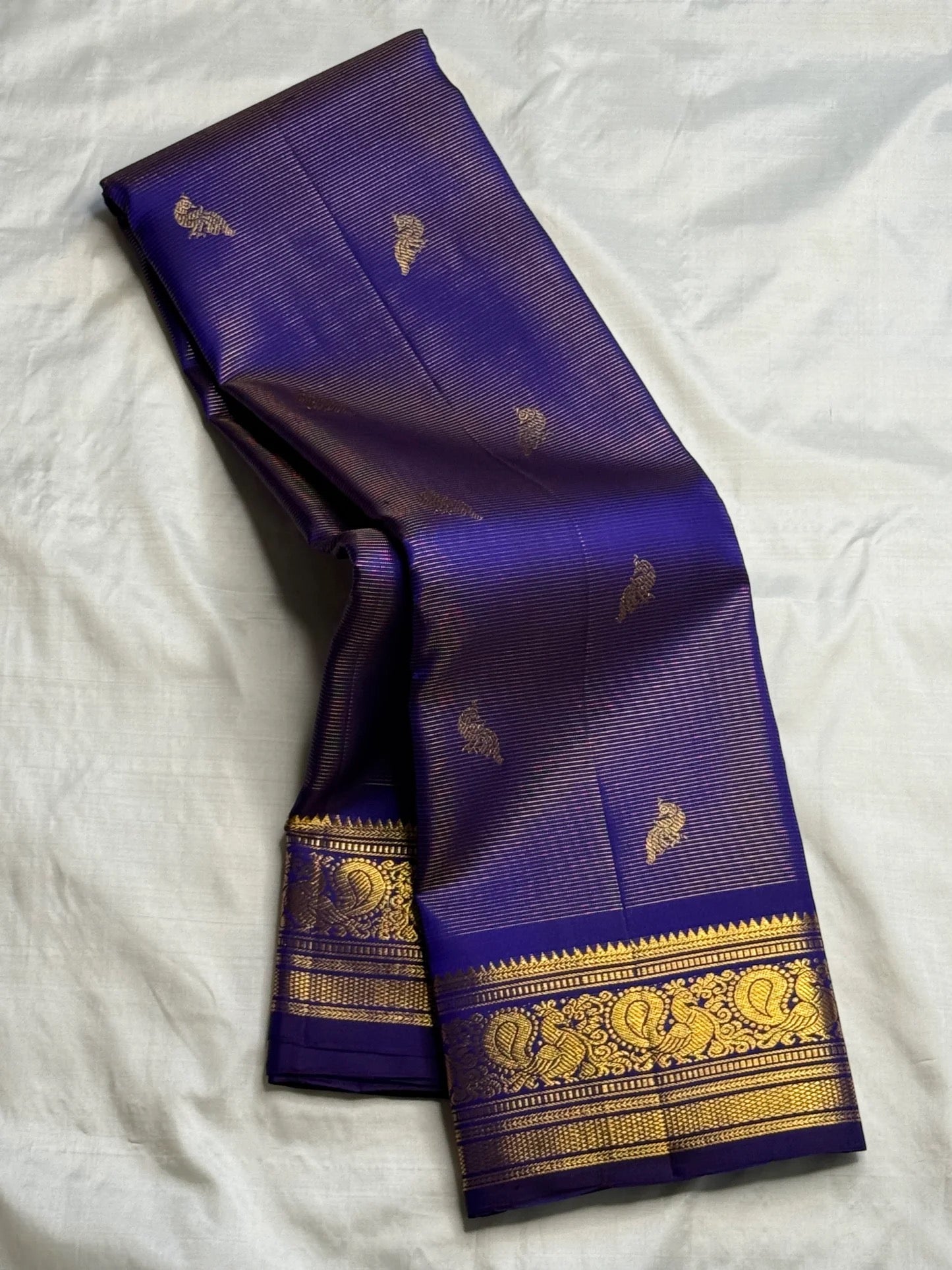 Royal Violet Handwoven Pure Silk Kanchipuram Vairaoosi Saree with Bird Zari Buttas and Antique Gold Border