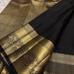 Raven Black Handwoven Pure Silk Kanjeevaram Saree with Zari Kattam and Antique Gold Peacock Border
