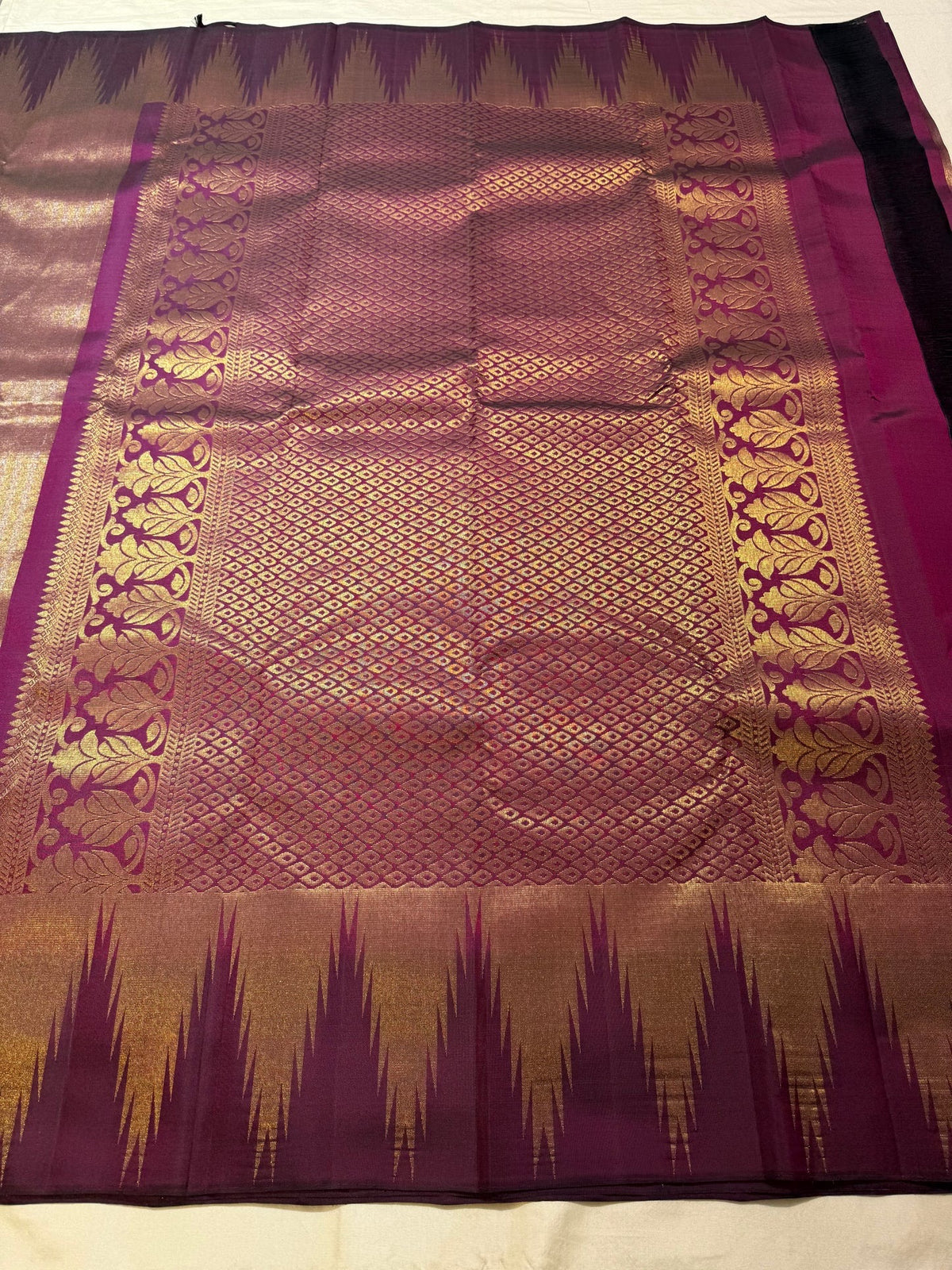 Antique gold and Plum Kanjivaram pure silk saree