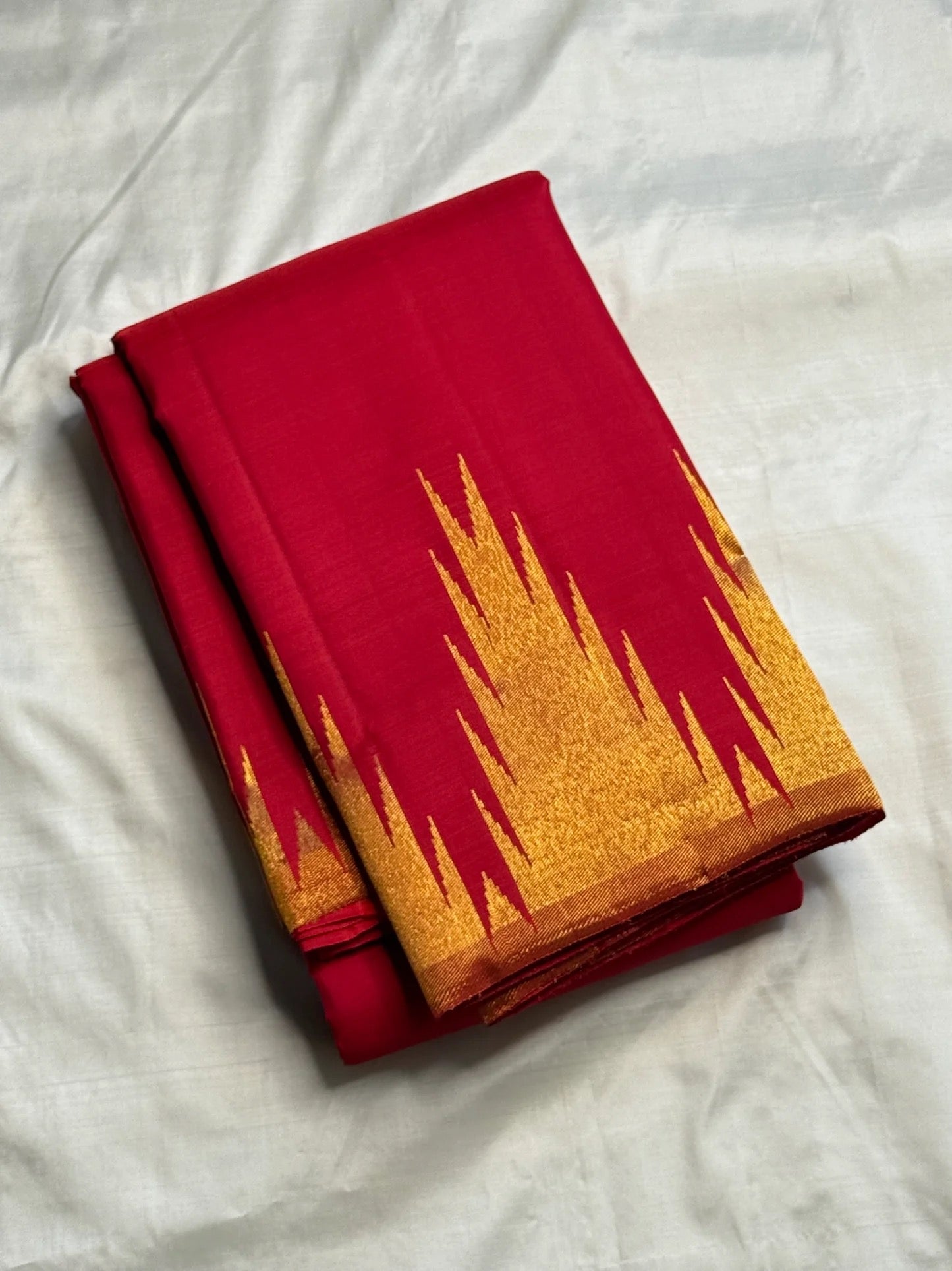 Self crimson border with ettukol gold zari motifs on handwoven Kanchipuram silk saree — Idam Living