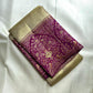 Antique Gold pure silk Kanchi Pattu Butta saree with Kanchana Purple Banarasi-style floral jaal zari border.
