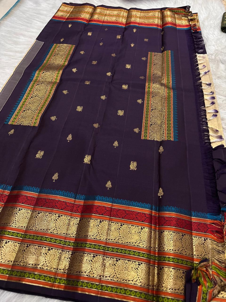 Antique gold tissue panel with deep aubergine pure silk Kanchipuram body