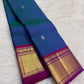 Peacock Blue Handwoven Pure Silk Kanchipuram Saree with Petite Zari Buttas and Magenta Gold Border