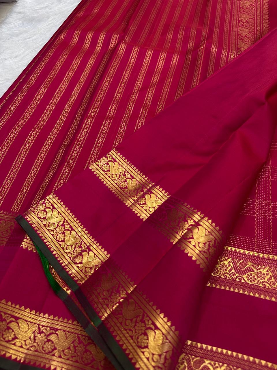 Close detail of the fine antique-gold zari lines forming the Kattam grid across the body.