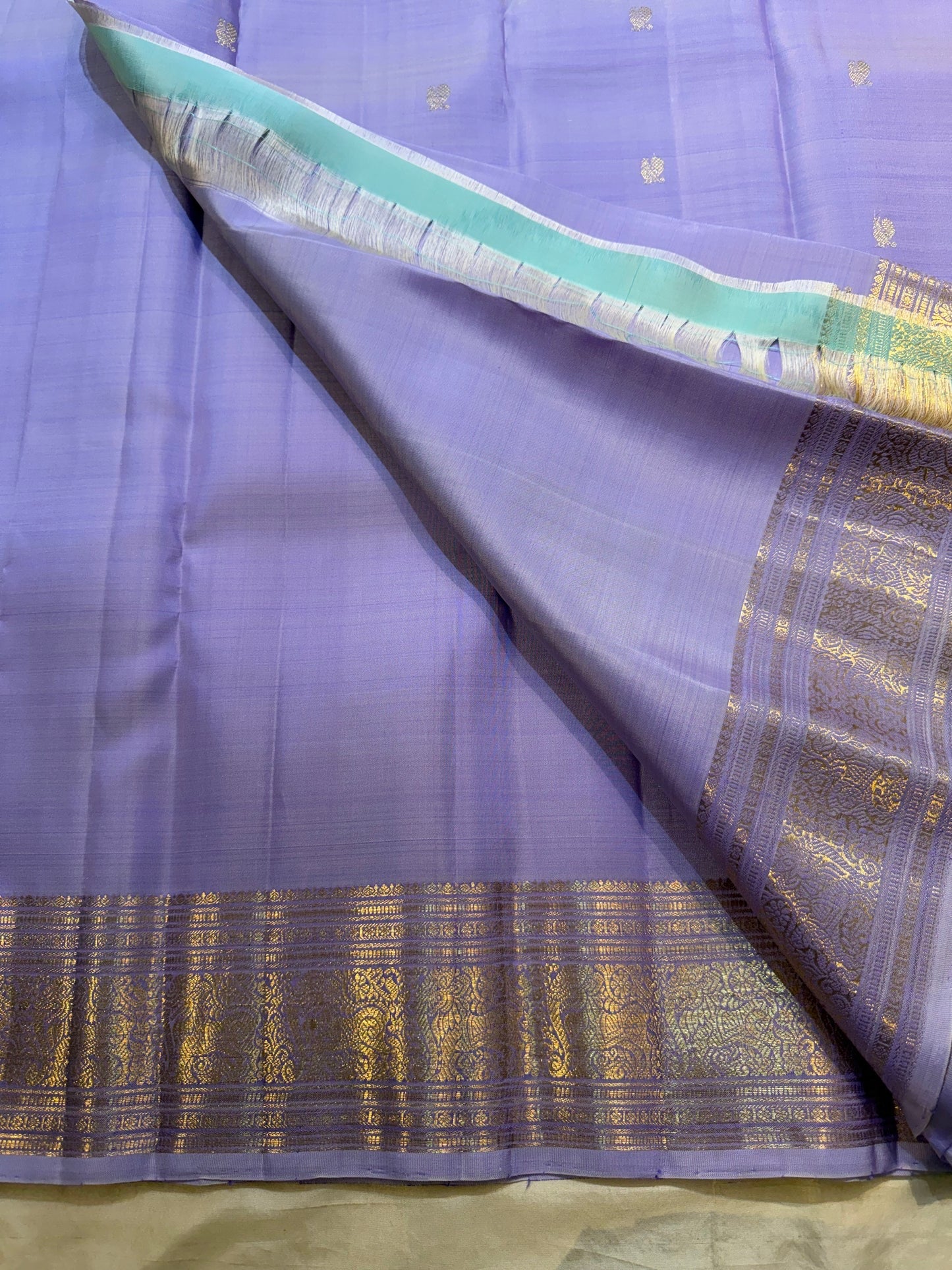Lavender Violet Handwoven Pure Silk KanchiPattu Saree with Antique Gold Zari Buttas and Ornamental Border