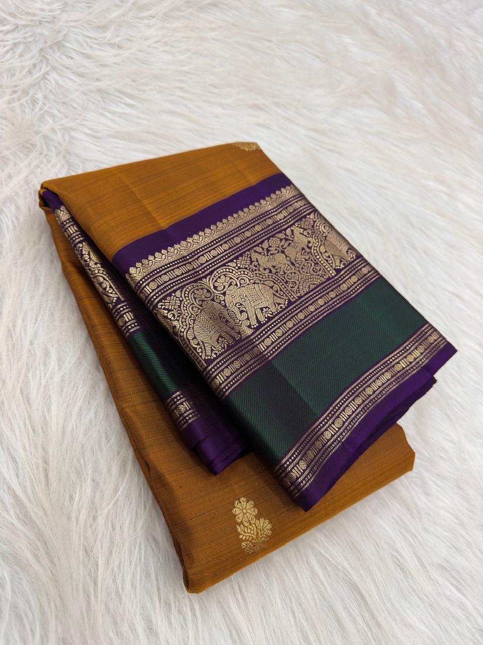 Antique Mustard Gold Pure Silk Kancheepuram Saree — full saree overview, Butta weave with elephant peacock border — Idam Living