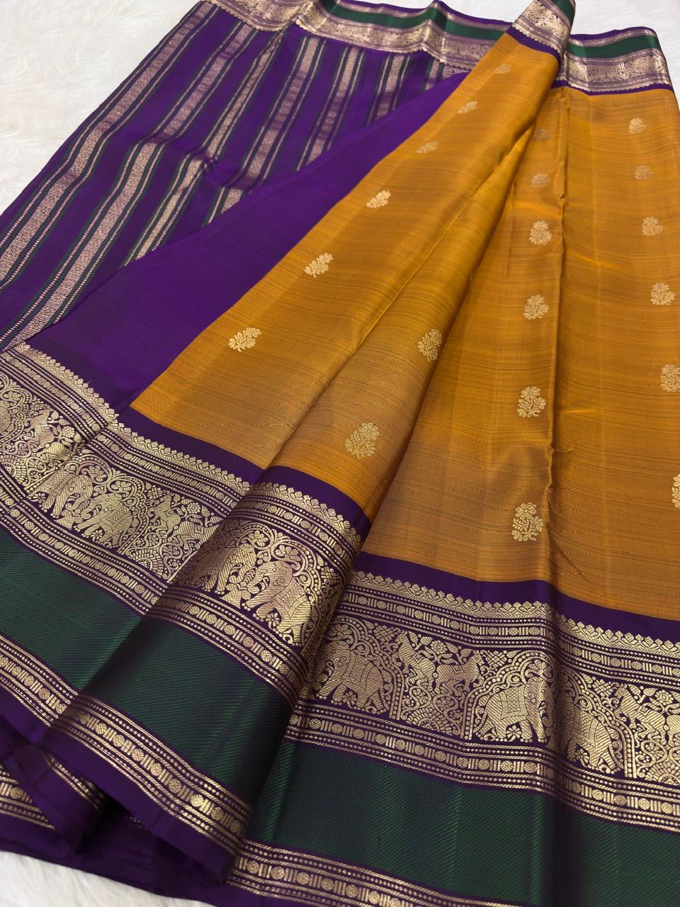Antique Mustard Gold Kancheepuram Saree — pallu detail with gold zari ornamental motifs