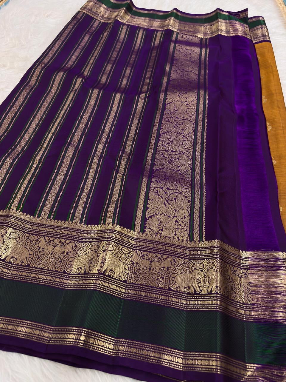 Antique Mustard Gold Kancheepuram Saree — full drape, pure silk Kanchipuram handwoven — Idam Living