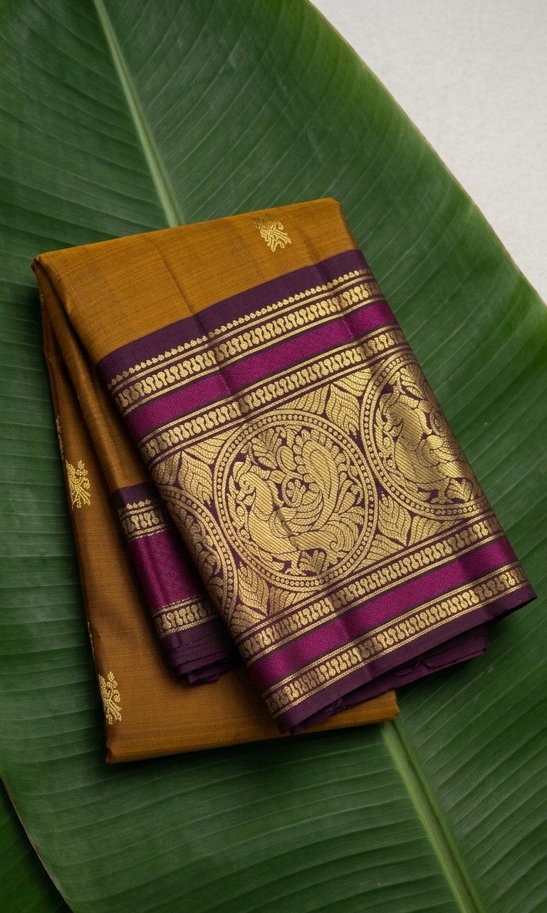 Antique mustard gold Kanjivaram silk saree with deep jamun violet border – Idam Living