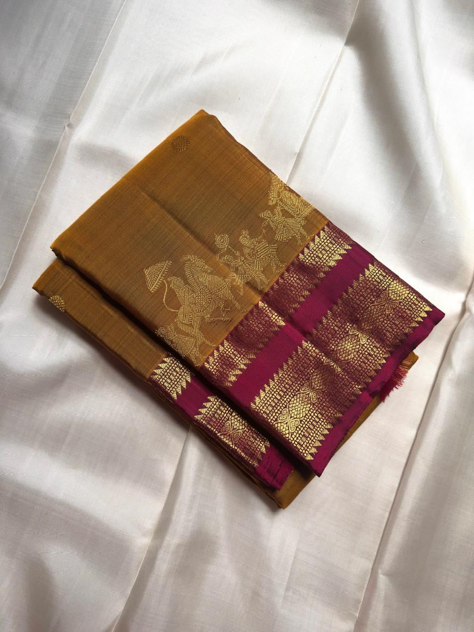 Antique Mustard Gold Pure Silk Kanjivaram Butta saree with Vadamalli Purple border