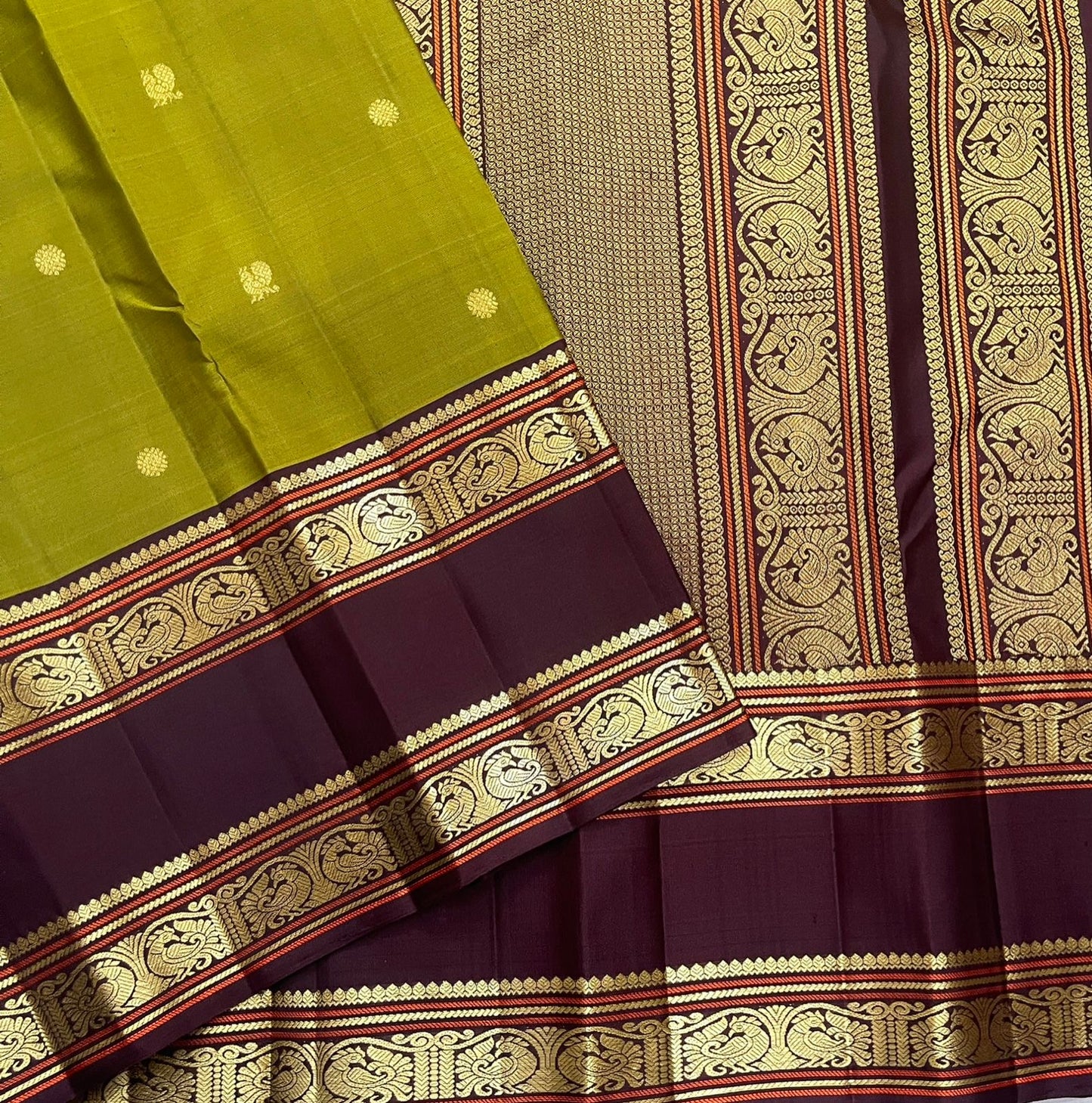 Antique Olive Green and Deep Espresso Brown Handwoven Pure Silk Kanjivaram Rettapet Saree with Vintage Gold Zari Buttas