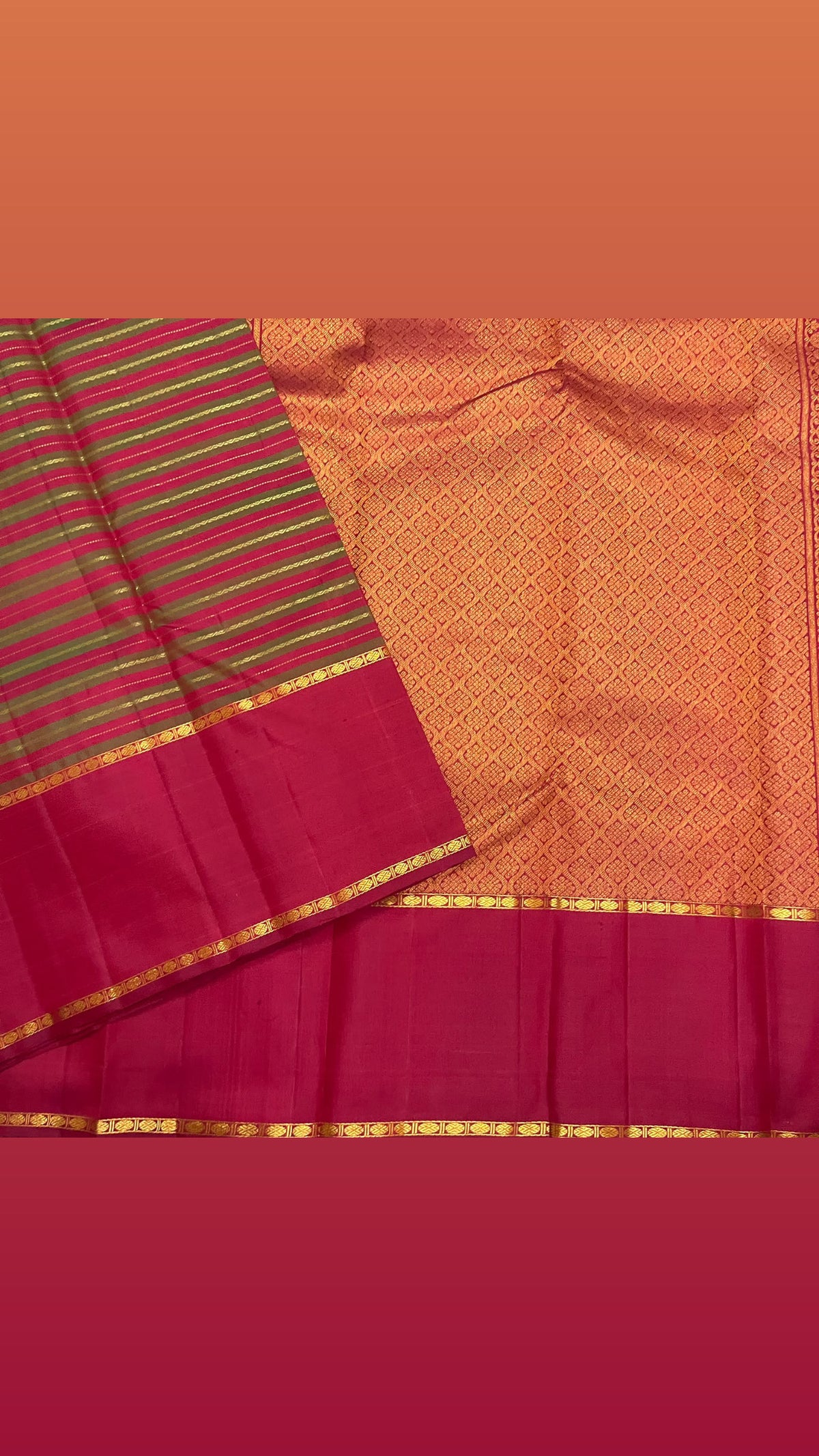 Folded pure silk Kanchipuram saree showing antique olive and reddish-pink zari stripes with double gold-zari-edged Rettapet borders