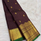 Smoked Cocoa Plum Handwoven Pure Silk Kanjeevaram Saree with Antique Pon Zari Border and Emerald Green Edge