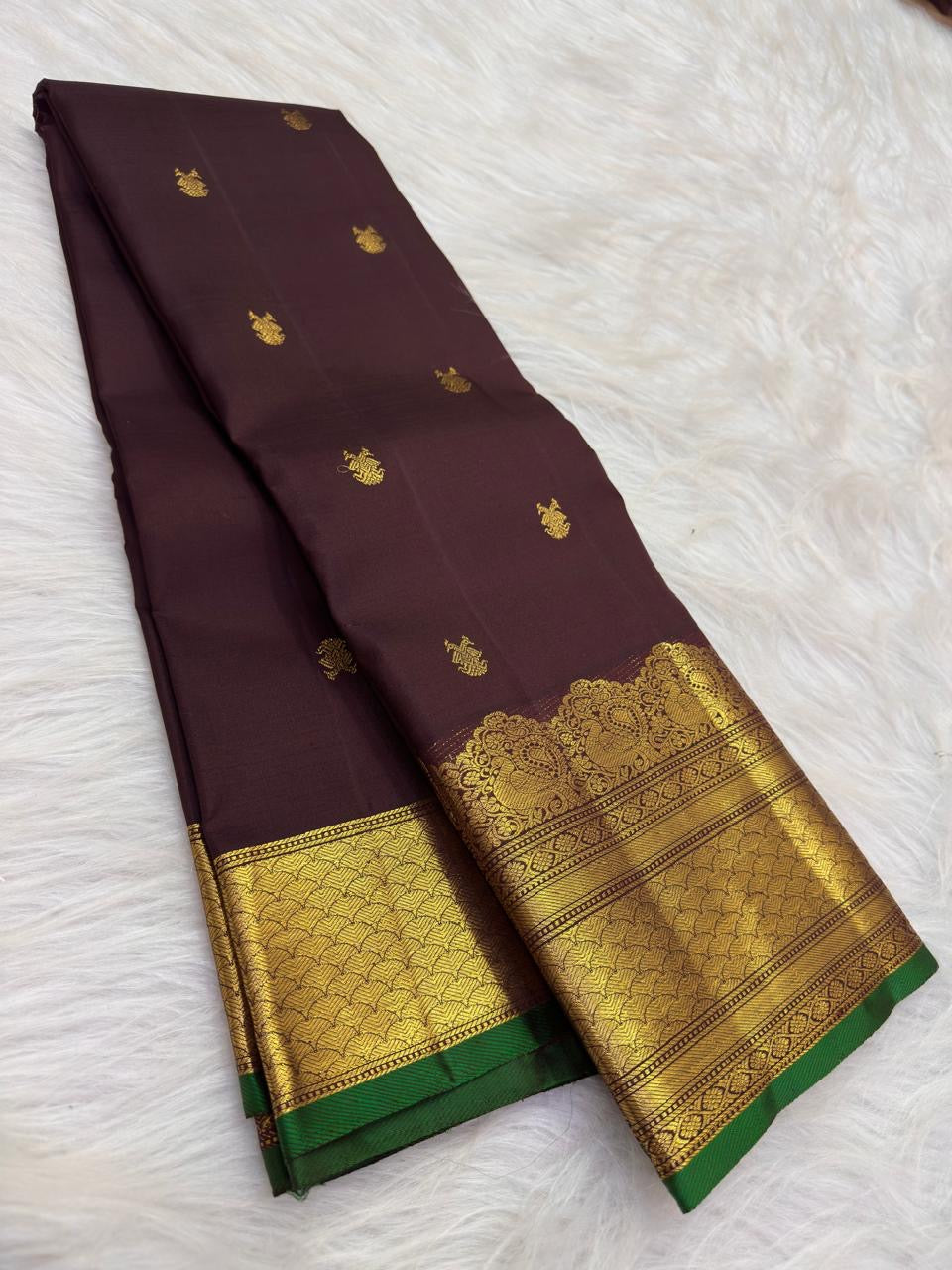 Smoked Cocoa Plum Handwoven Pure Silk Kanjeevaram Saree with Antique Pon Zari Border and Emerald Green Edge