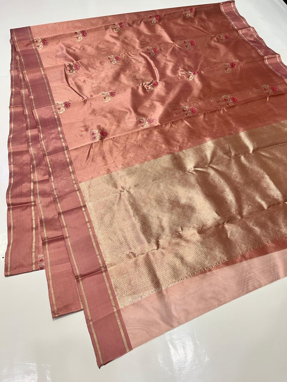 Close view of Antique Rose Chanderi saree body showing scattered woven accents
