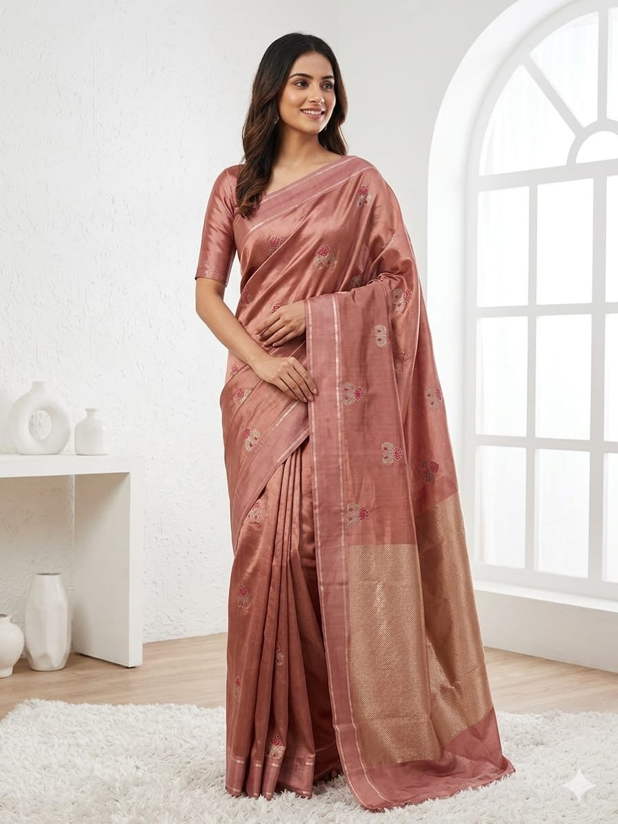 Antique Rose Chanderi saree displayed diagonally with fine zari pallu and narrow border