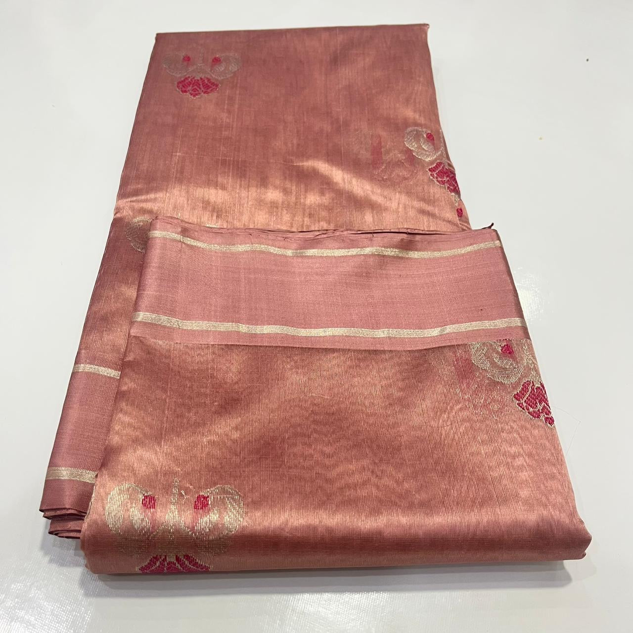 Antique Rose Pattu Silk Chanderi saree arranged open to show fine zari pallu and narrow border