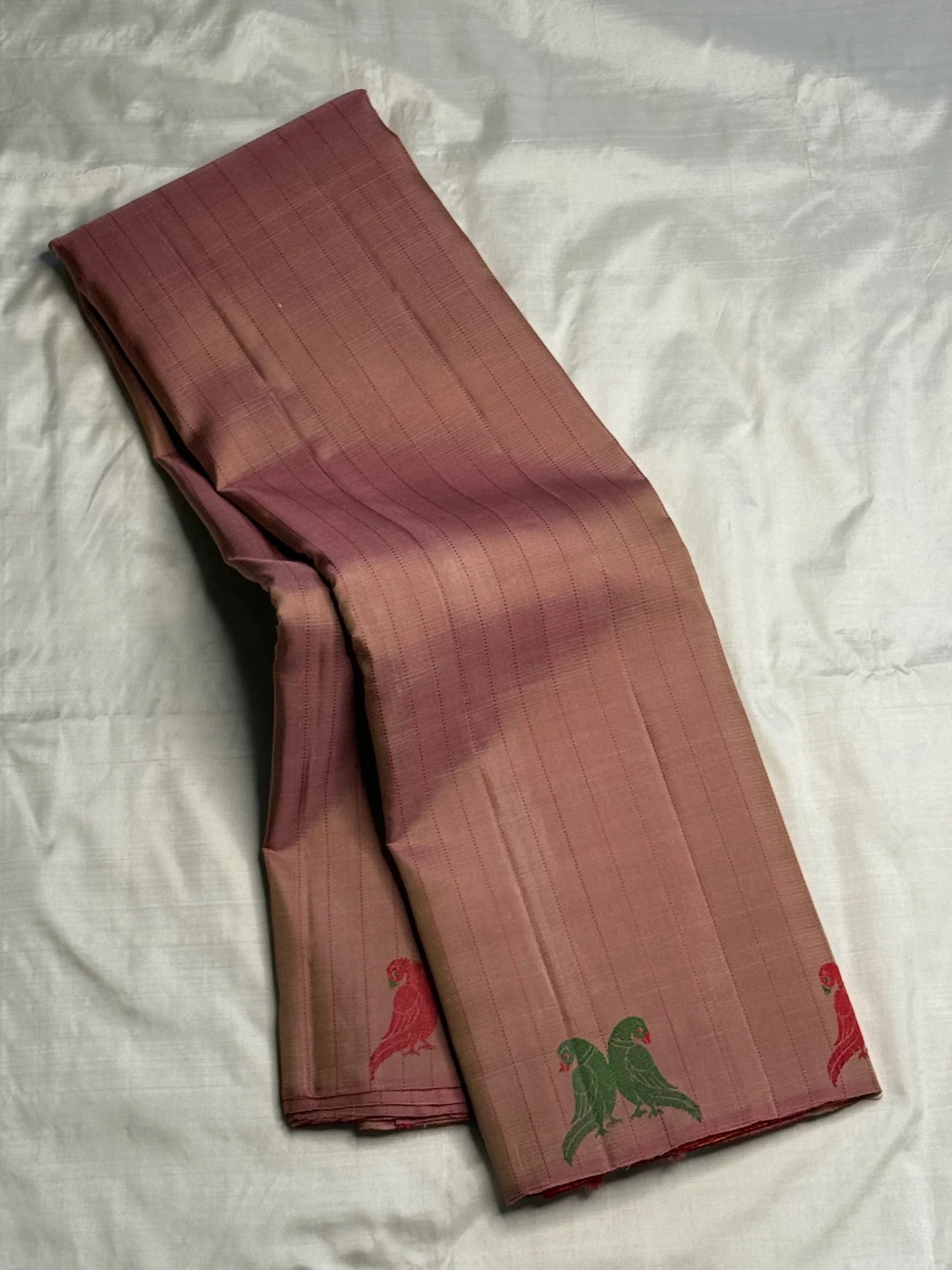 Antique Rose Handwoven Pure Silk Kanchipuram Saree with Twin Kili Butta in Silk Thread and Pattupet Weave
