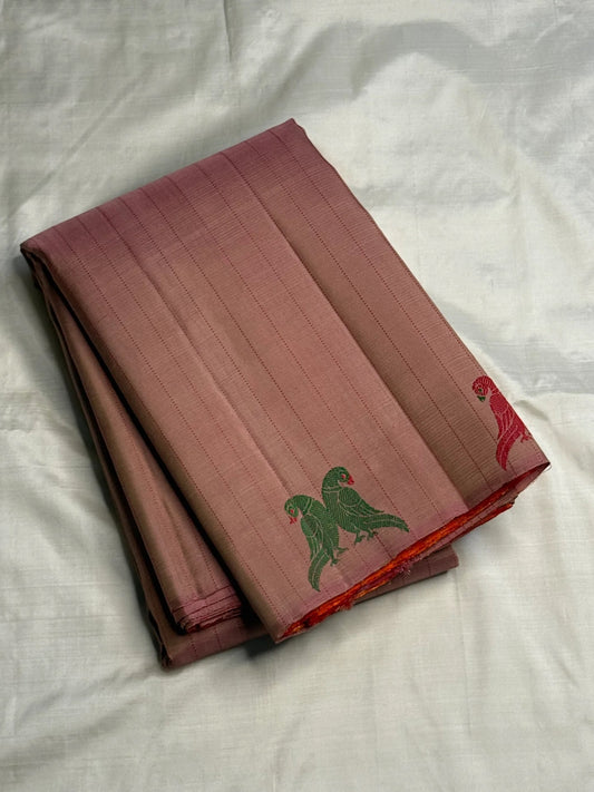 Antique Rose Handwoven Pure Silk Kanchipuram Saree with Twin Kili Butta in Silk Thread and Pattupet Weave