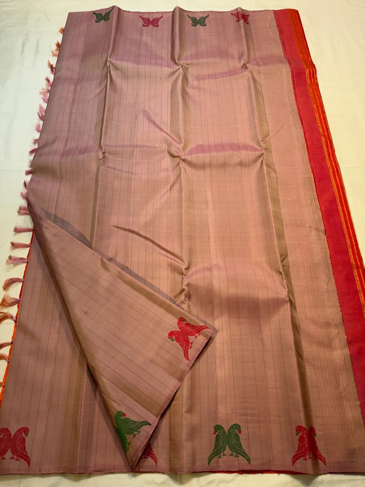Antique Rose Handwoven Pure Silk Kanchipuram Saree with Twin Kili Butta in Silk Thread and Pattupet Weave