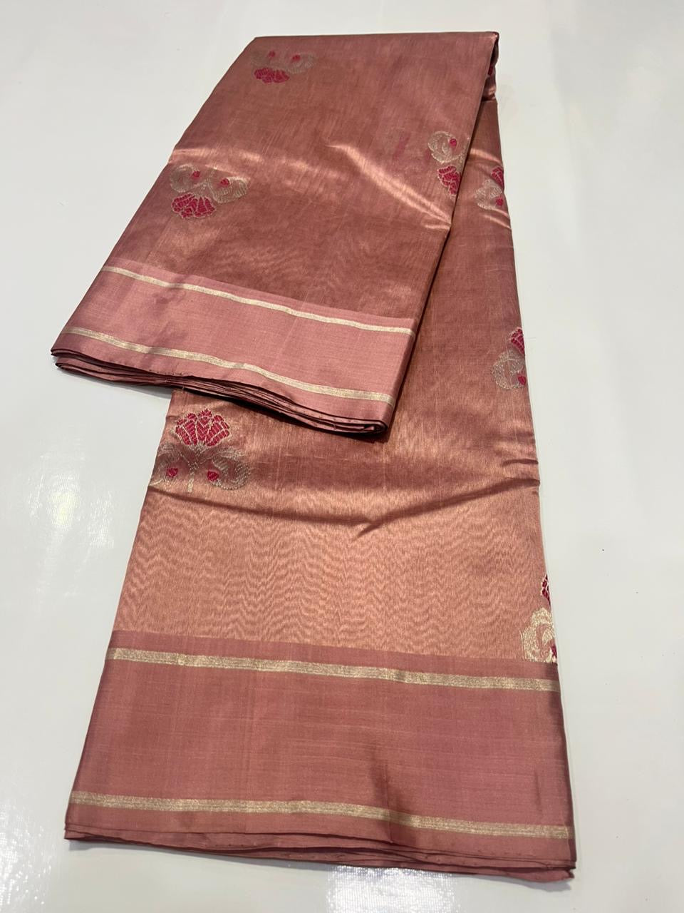 Antique Rose Pure Silk Chanderi saree displayed in natural light showing soft luminous sheen