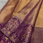 Kanchana Purple floral jaal zari border with stylized birds on Antique Sage Gold pure silk Kanchipuram saree.