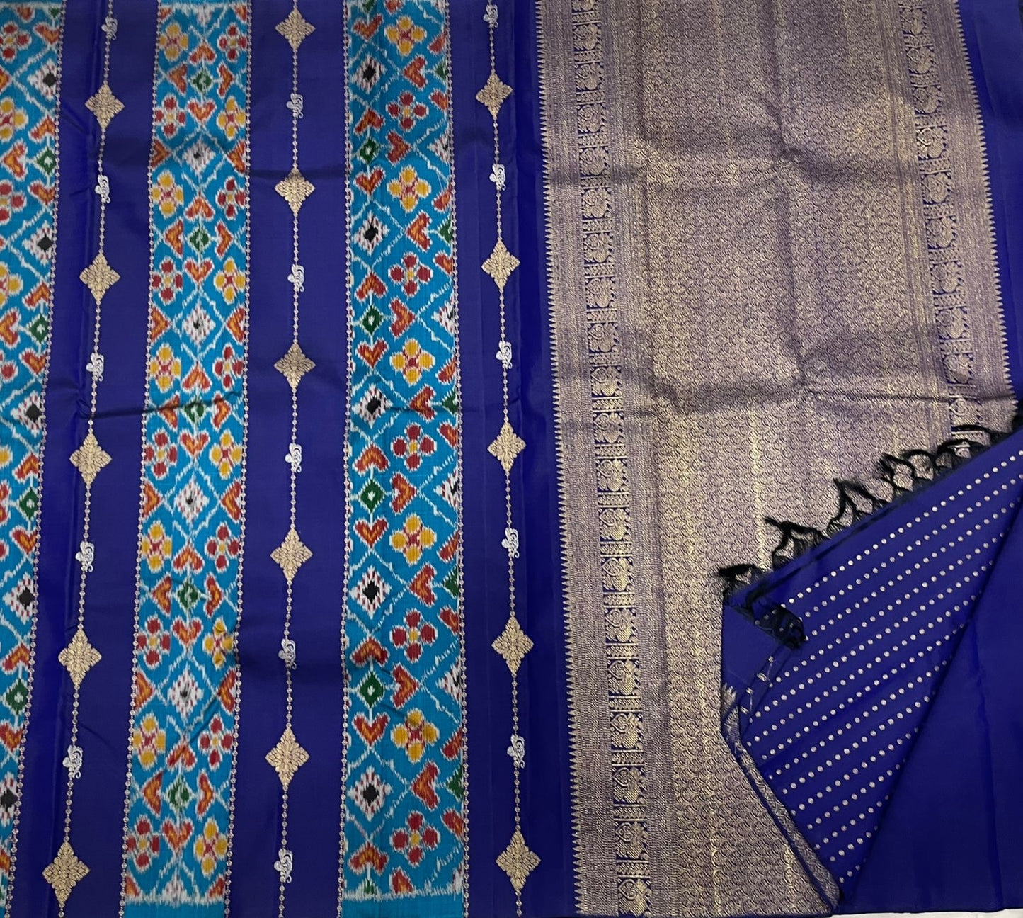 Aqua blue Kanchi Pattu saree with Pochampally ikat Kanchipuram fusion weave — Idam Living