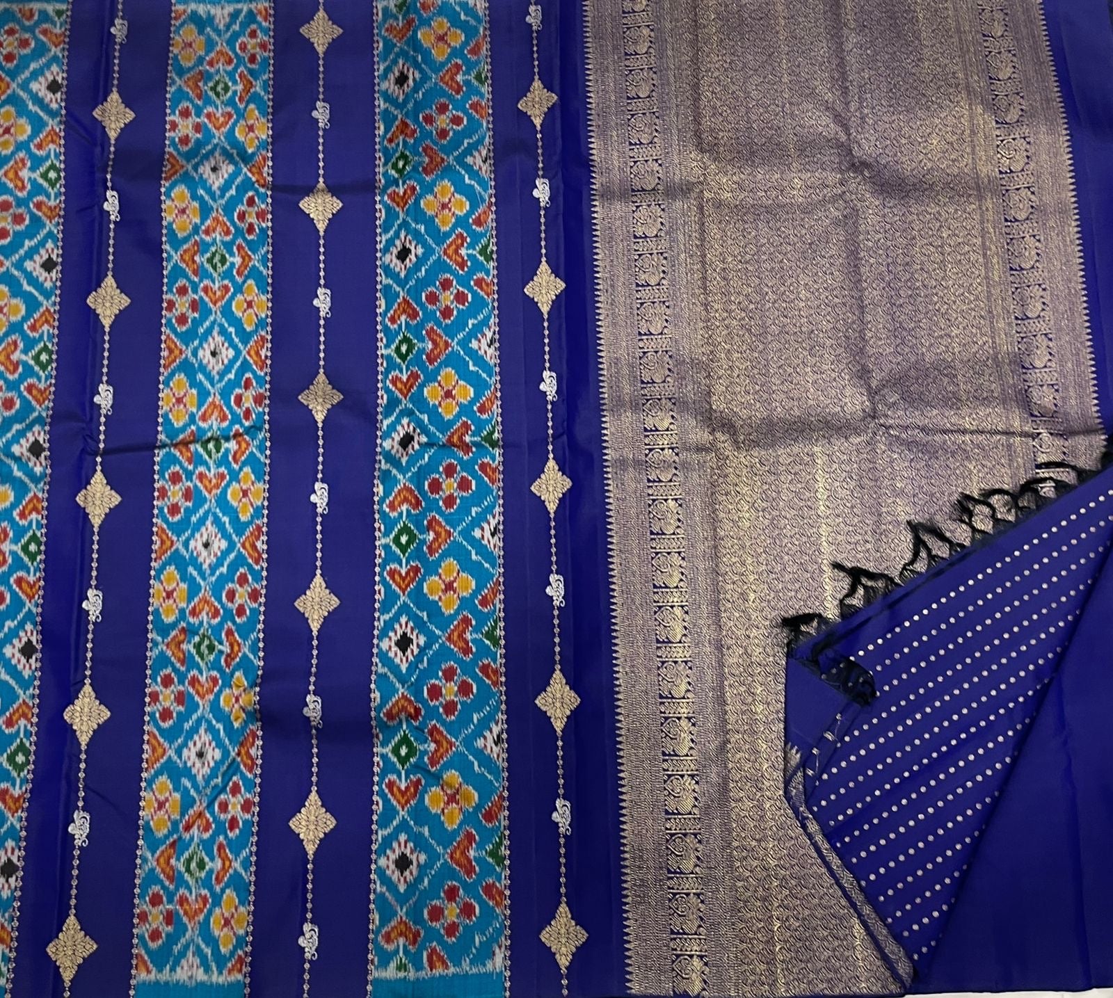 Aqua blue Kanchi Pattu saree with Pochampally ikat Kanchipuram fusion weave — Idam Living