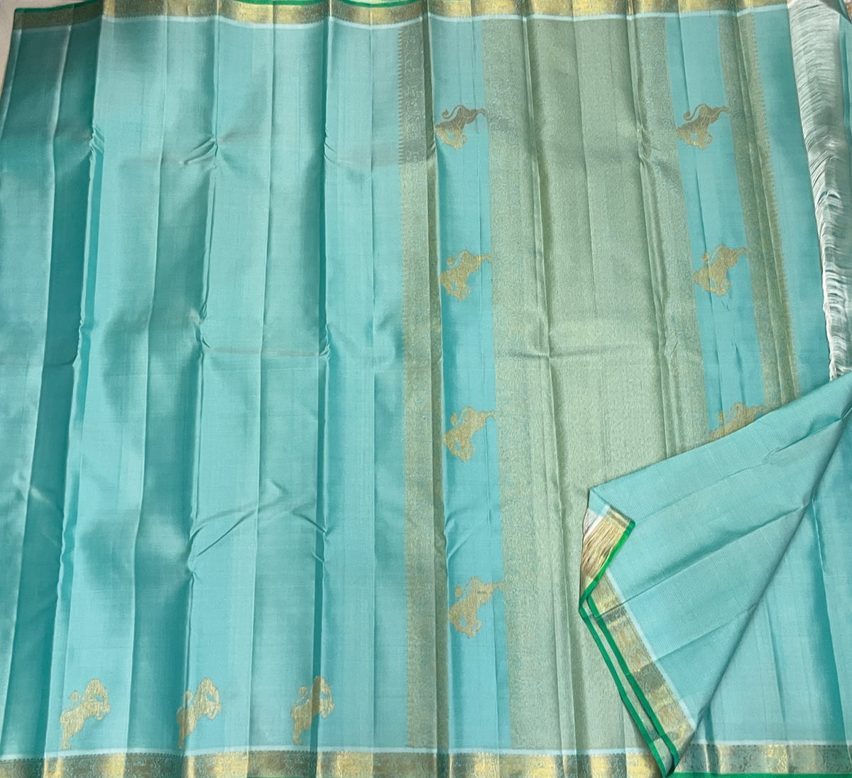 Aqua Blue Kanchipuram silk saree Vairaoosi weave close-up