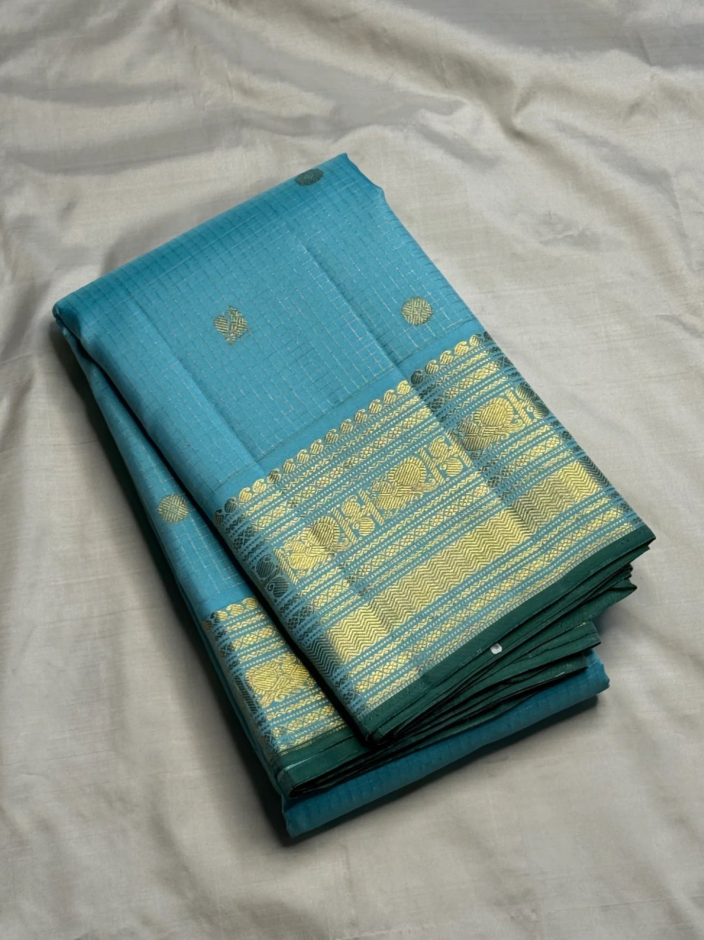 Aqua blue Kanchipuram Zari Kattam saree, alternate full saree view