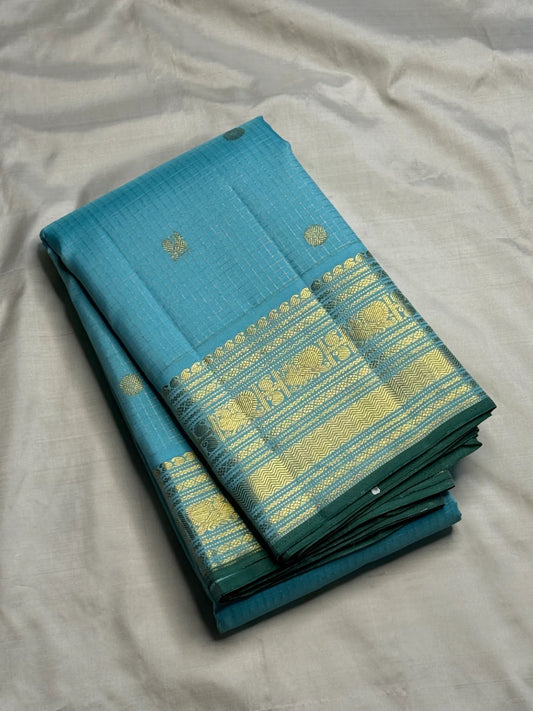 Aqua blue handwoven pure silk Kanchipuram saree — full saree view with Zari Kattam weave — Idam Living