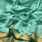 Aqua Blue Katan Silk Chanderi saree with petite gold buttas, green accents and gold border with olive edging