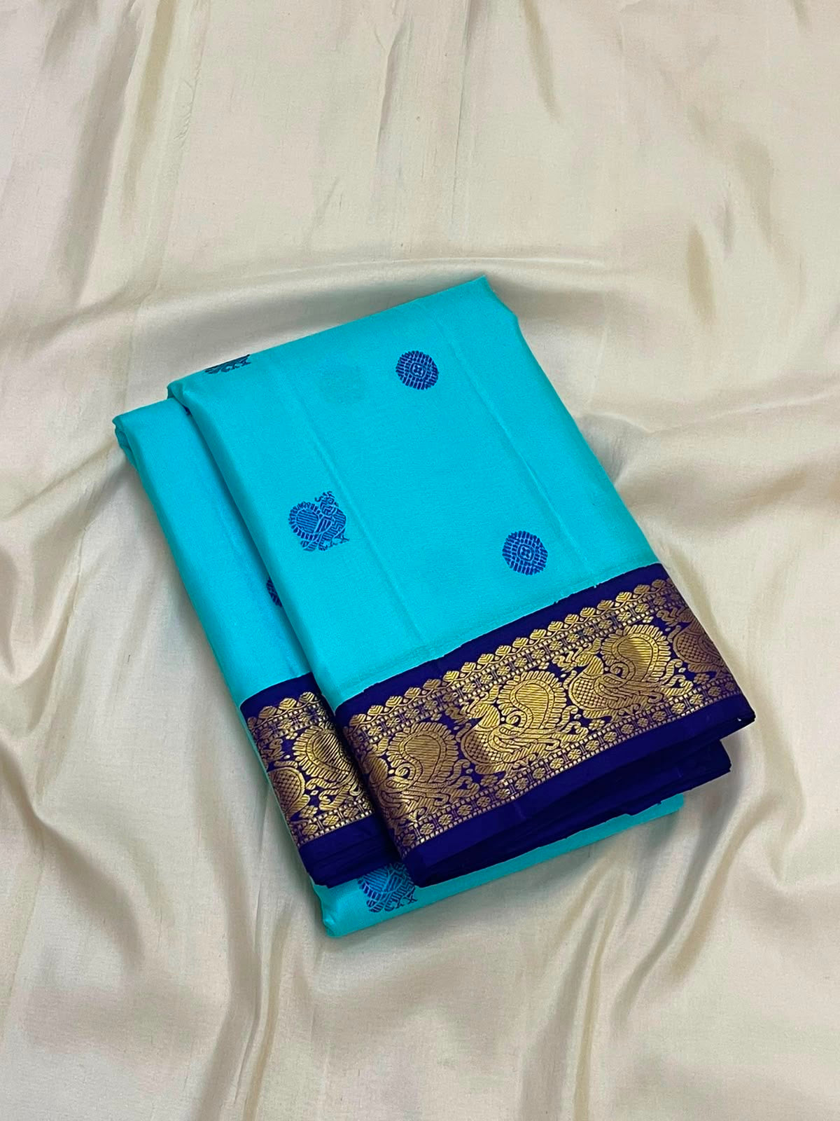 Aqua Blue Handwoven Pure Silk Kanjivaram Saree with Korvai Peacock Border